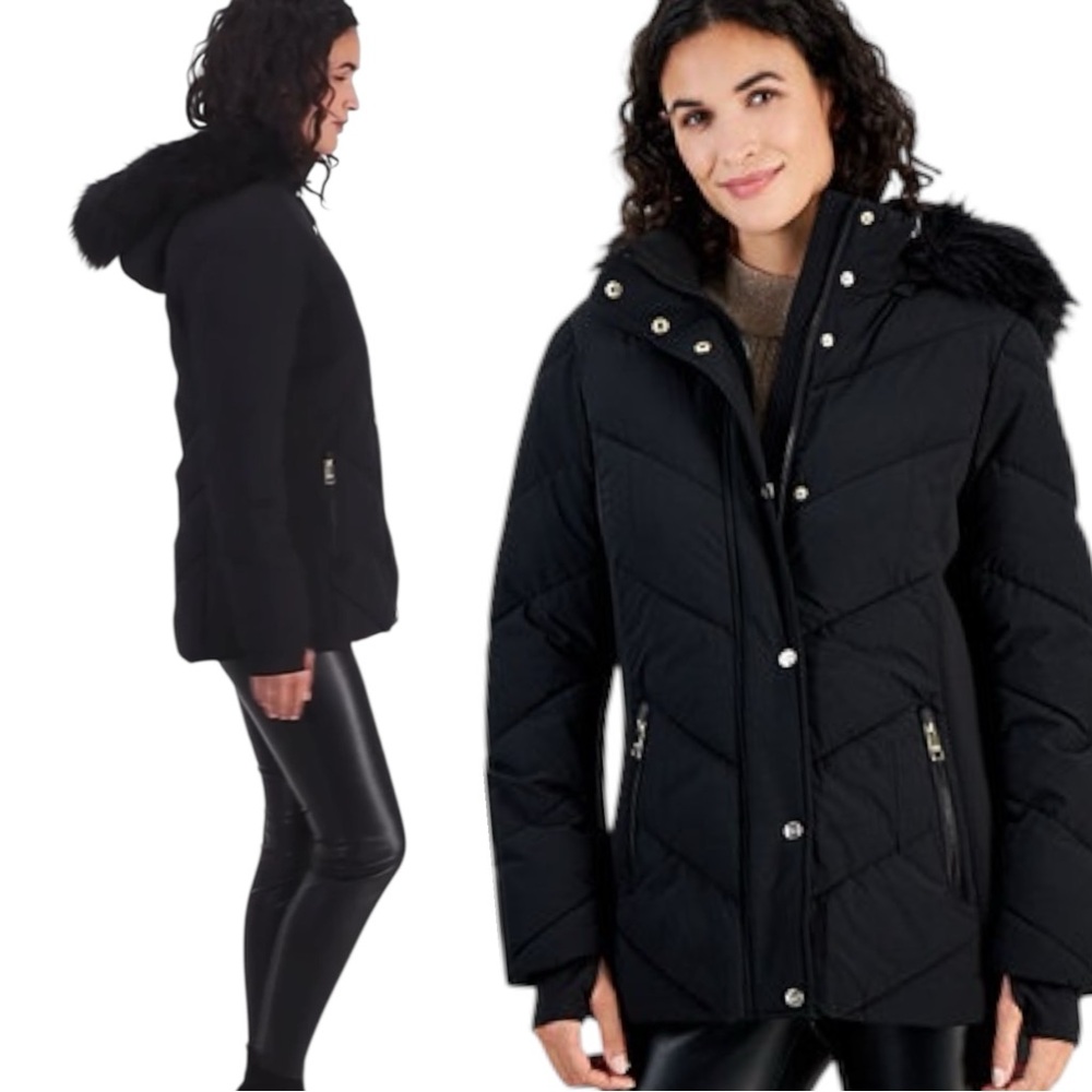 NWT Michael Kors Petite Faux Fur Trim Hooded Puffer Coat Water Resistant XL xlp - Picture 5 of 10